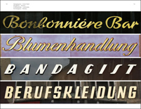 alte firmenschilder mit alten schriftzuegen:
bonboniere bar
blumenhandlung
bandagist
berufskleidung